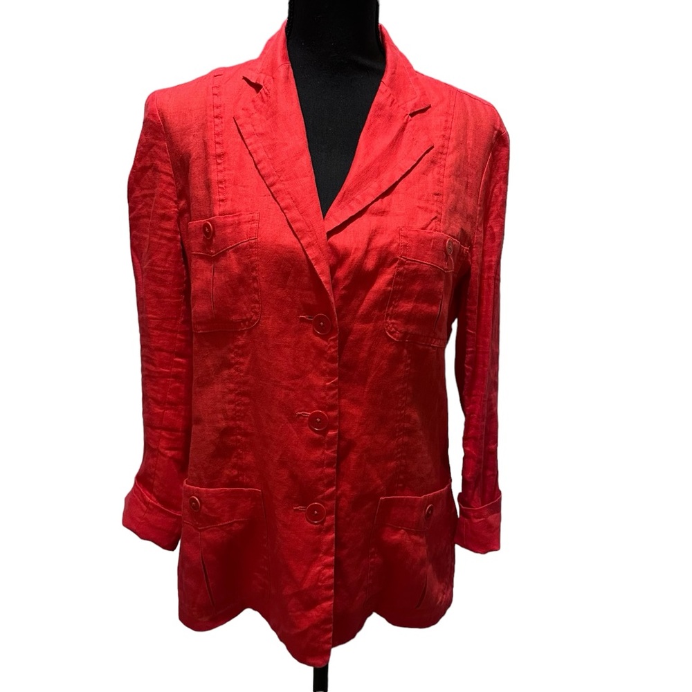 Lauren‎ Ralph Lauren Sz 8 Womens Red 100% Linen Utility Jacket Blazer Pockets
